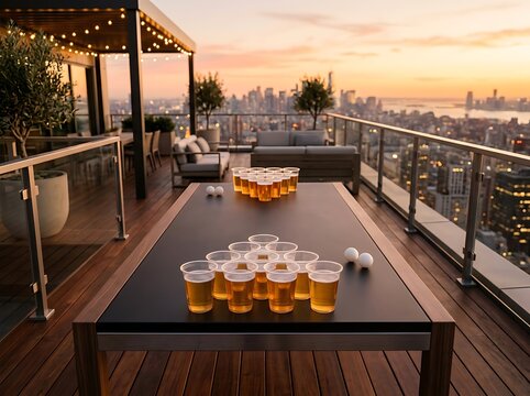 Beer pong game set up on a table at a rooftop bar terrace overlooking a city skyline during sunset. bierpong