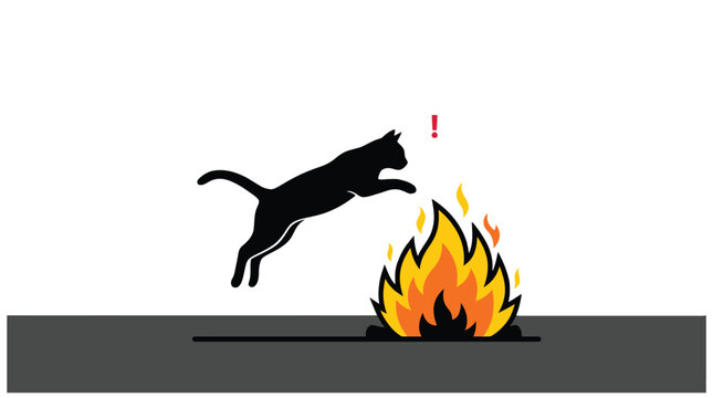 Silhouette vector illustration of a startled black cat jumping over a vibrant orange fire with an exclamation mark icon overhead