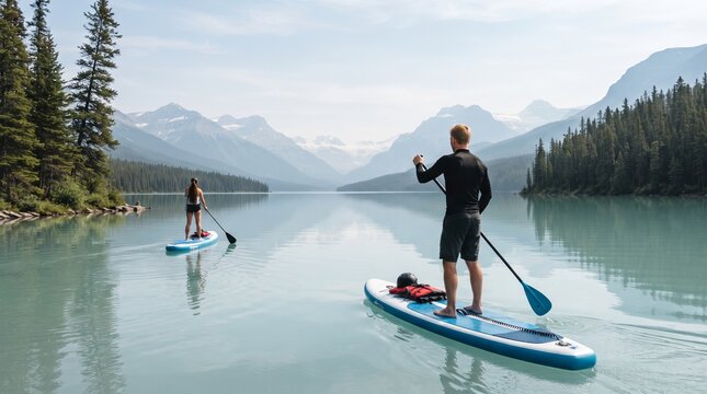 Couple stand up paddleboarding on a calm turquoise alpine lake