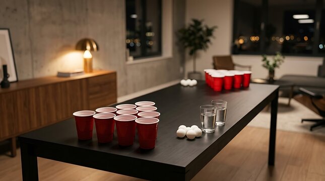 Red plastic cups set up for a beer pong game on a black table in a modern apartment living room at night. bierpong