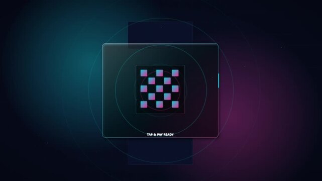 Futuristic digital smartwatch interface displaying contactless payment ready status with neon purple and blue glow on dark background for secure electronic transaction concepts.