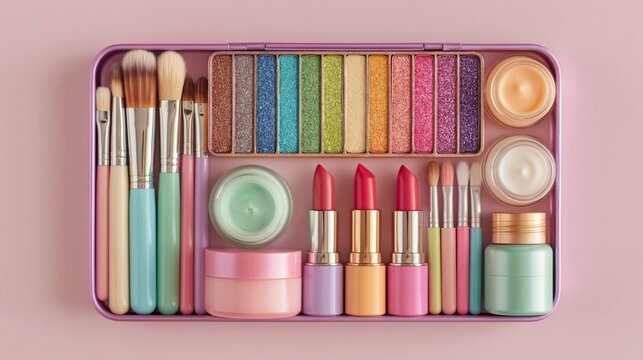 A pink makeup case containing colorful eyeshadows, lipsticks, brushes, and jars against a pink background.