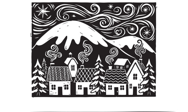 Linocut winter village landscape with snowy mountains. Woodcut style night scene with cozy houses and starry sky. Black and white folk art vector.