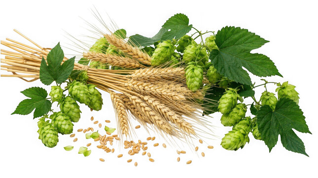 Bundle of wheat stalks and fresh green hop cones with scattered grains isolated on transparent background