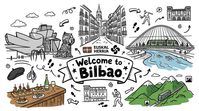 Hand Drawn Bilbao City Travel Doodle Illustration