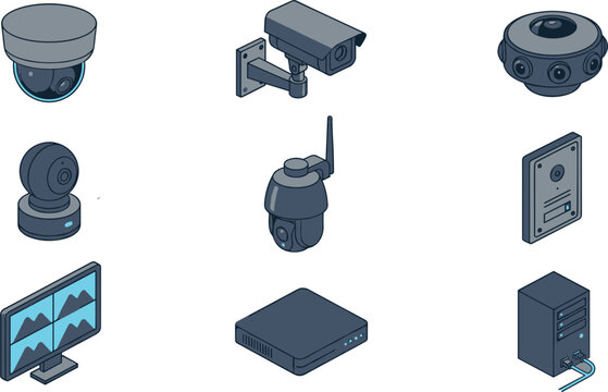 Isometric CCTV Security Camera and Surveillance System Vector Icon Set with Dome Cameras, Monitor, Intercom, Router, and Network Server Hardware