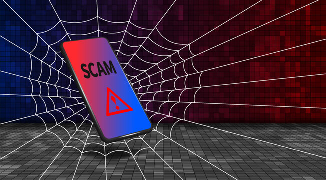 Vector tech abstract poster. Spider web and 3D smartphone. Red triangle warning exclamation mark. Word scam. Pixel mosaic background. Caution and dangerous