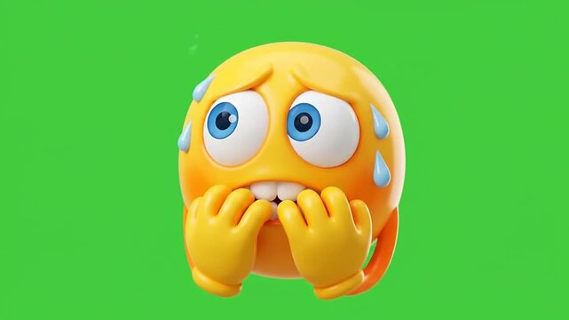 Anxious nervous emoji 3d face biting nails on green screen background