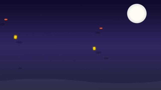 Minimalist Halloween motion background featuring floating candies and lanterns under a bright full moon in a dark night sky for festive celebration.