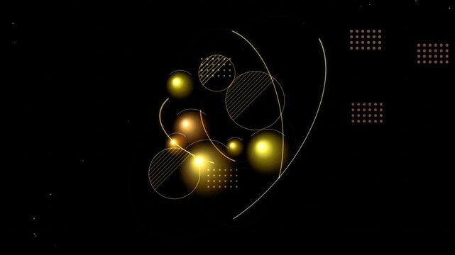 Abstract golden circles and glowing spheres with thin lines and dots on a dark background 4k Motion Video