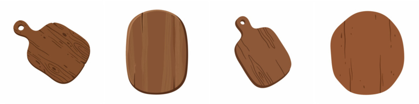Set of rustic wooden cutting boards and chopping boards in various shapes isolated on white background.