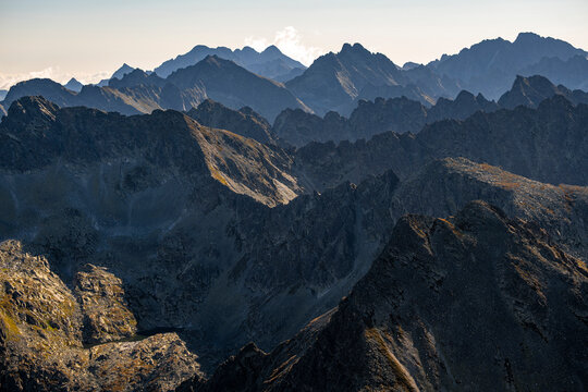 Panoramic view of High Tatras mountain range peaks and ridges seen from Krivan summit