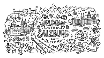 Fototapeta premium Salzburg Austria Travel Doodle Illustration
