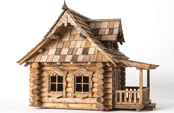 Small handcrafted wooden log cabin house miniature model with porch