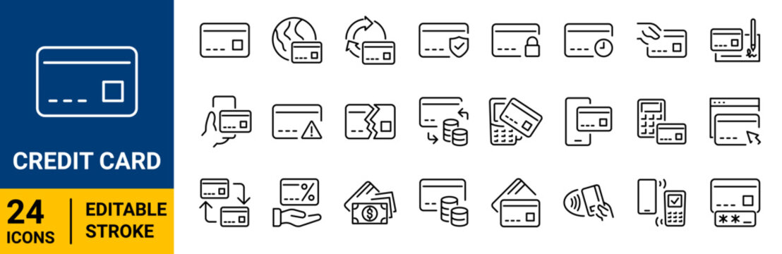 Set of 24 outline icons related to credit card. Linear icon collection. Editable stroke. Vector illustration