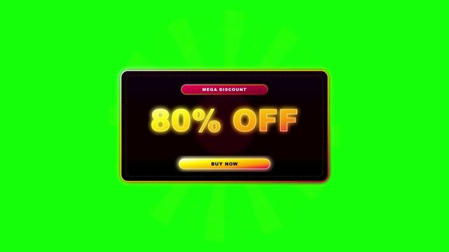 80 percent off mega discount sale banner animation on green screen background with buy now button.
