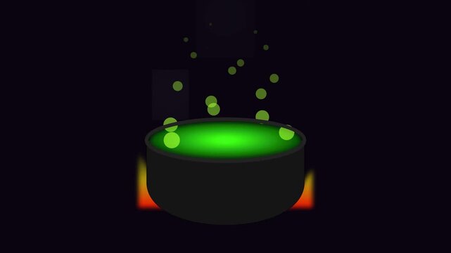 2D animation of a witch's cauldron with glowing green potion boiling over a fire, featuring rising bubbles and a dark background for Halloween or fantasy magic concepts.