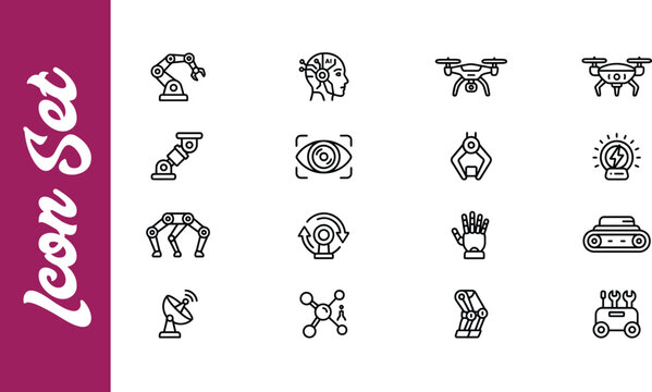 Set of sixteen black and white vector icons featuring various industrial manufacturing and engineering design elements