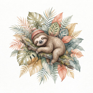 Watercolor illustration of a cute baby sloth sleeping among tropical leaves, isolated on a pure white background, muted olive, sand, faded coral.