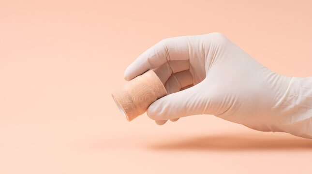 Hand in Medical Glove Holding a Rolled Adhesive Bandage on Pastel Background