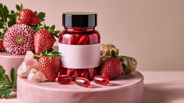 Red glass pill bottle with blank label on product podium decorated with ginger, strawberries, chrysanthemum. Dietary supplement, vitamin and packaging design concept. Still life composition for mockup