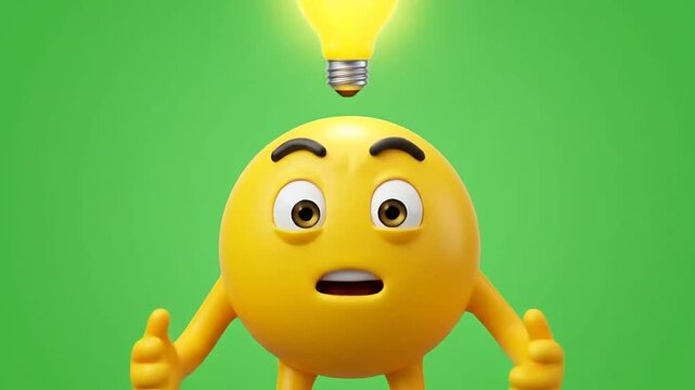 Yellow 3d emoji character thinking and finding a bright idea