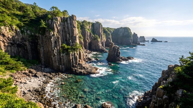 Summer coastal cliffs with columnar basalt formations and clear blue sea