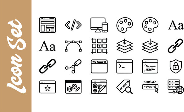 Set of hand drawn web design and development icons for creative projects and digital interface user experience