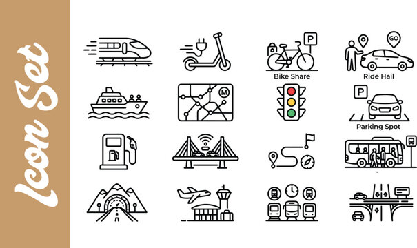 Set of hand drawn doodle icons representing various infrastructure and urban transportation elements on a white background