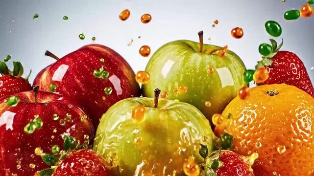 Fresh fruits with splashes of water on a light background  