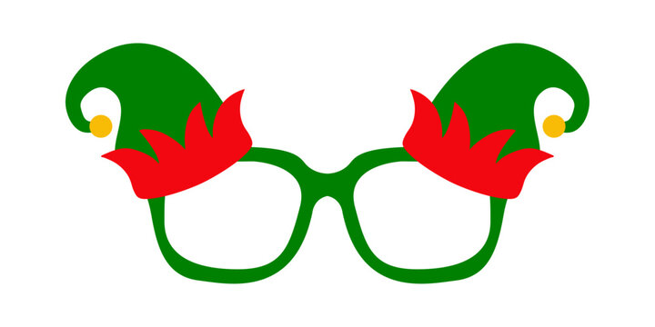 Tiempo de Navidad. Logo con dibujo sencillo de unas lentes decoradas con sombreros de elfos de Santa Claus, para su uso en tarjetas y felicitaciones de Navidad 