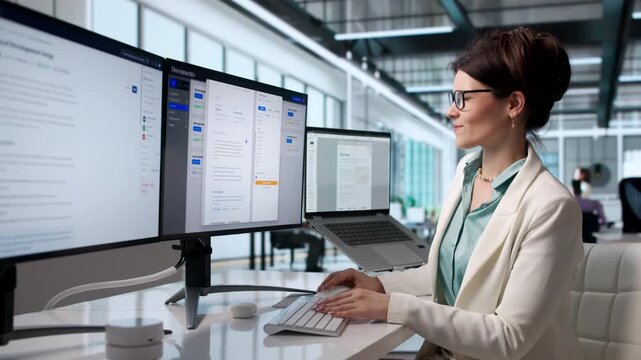 Business Analyst Reviews Document Workflows Using Laptop
