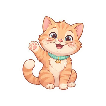 Cute orange tabby cat waving paw sticker vector art illustration isolated on white background