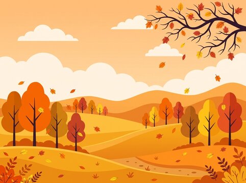 Autumn landscape illustration with rolling hills colorful trees falling leaves and clouds landscape outdoors environment illustration background wallpaper daylight peaceful beautiful
