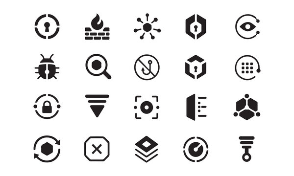Collection of dark monochrome security and data protection related icons on white background