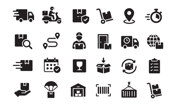 Delivery and logistics icons set including transportation tracking and warehouse elements