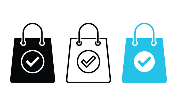 Shopping bag icon set with checkmark symbol in different color variations