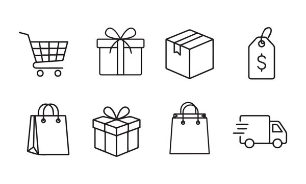 Hand drawn shopping icons set including gifts delivery and price tags