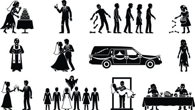 Zombie wedding and funeral silhouette collection featuring undead brides, grooms, hearses, and dark festive scenes for halloween