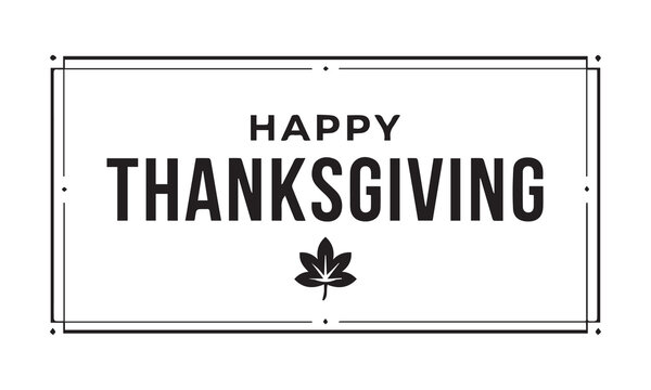 Happy thanksgiving text with a maple leaf illustration in a simple black and white design
