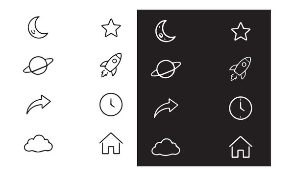 Hand drawn space and weather icons set including moon stars clouds and rocket