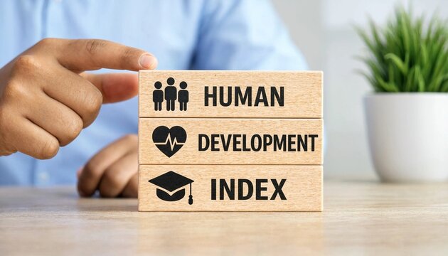 Hand pointing to wooden blocks displaying human development index with icons representing people health and education