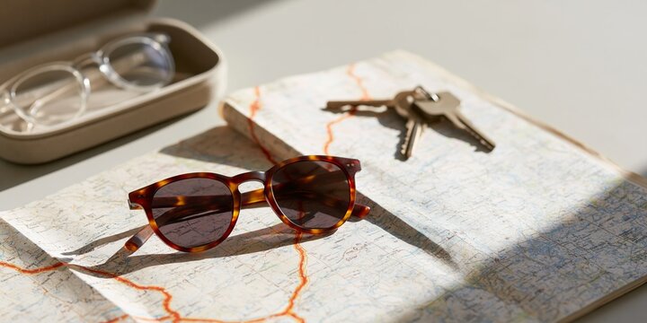Sunglasses and keys on folded map