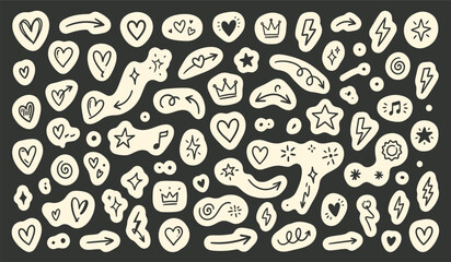 Naklejka premium Seamless doodle pattern with hand drawn crowns hearts and shapes on dark background decorative design