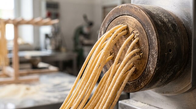 Fresh pasta being extruded from a professional commercial machine in a kitchen