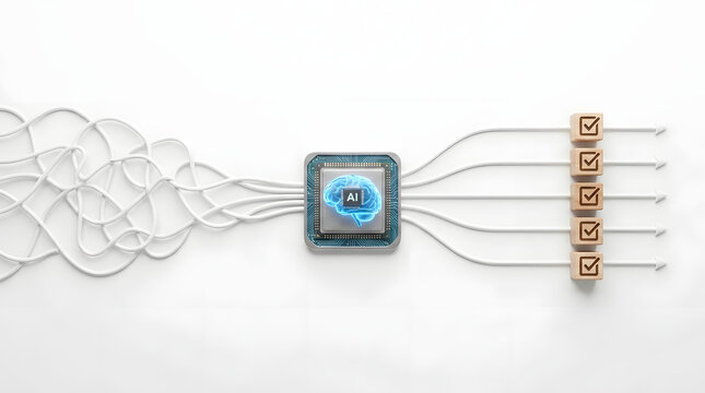 A visualized representation of artificial intelligence processing information and outputting results, featuring a central chip with a glowing brain icon connected to several output modules