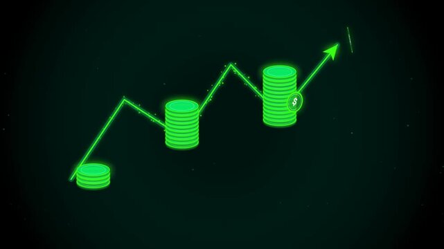 Bright green neon financial chart with rising money coin stacks and an upward arrow indicating economic growth and investment success on a dark digital background 4k Motion Video
