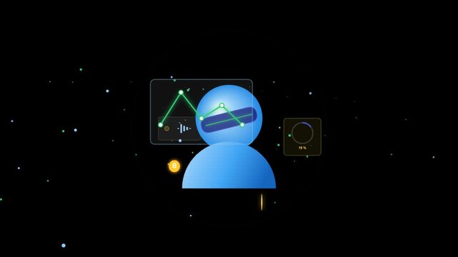 Blue artificial intelligence robot head character with digital data interface screens on a dark background with floating particles representing futuristic technology 4k Motion Video