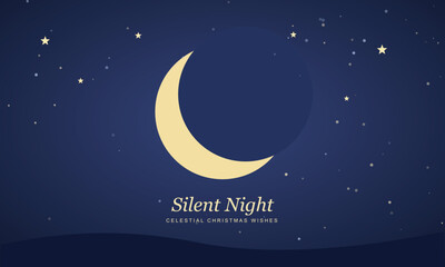Naklejka premium Crescent moon shines in a starry night sky with subtle waves below for a serene holiday greeting