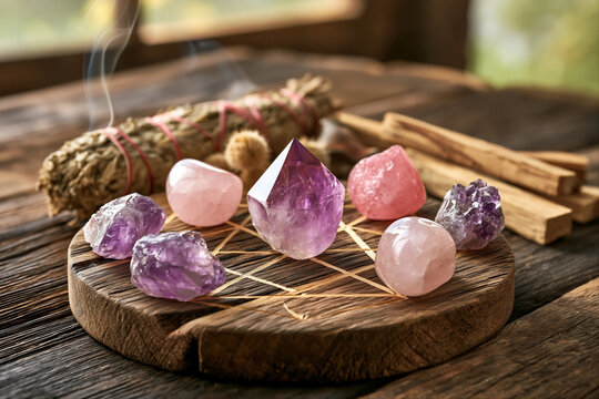 Crystal healing grid of amethyst and rose quartz arranged in sacred geometry, with bundle of dried sage and palo santo sticks on dark rustic wooden table. Alternative medicine and spiritual wellness